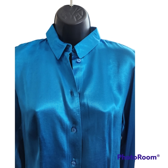 Blue Satin Button Down Shirt - Picture 2 of 4